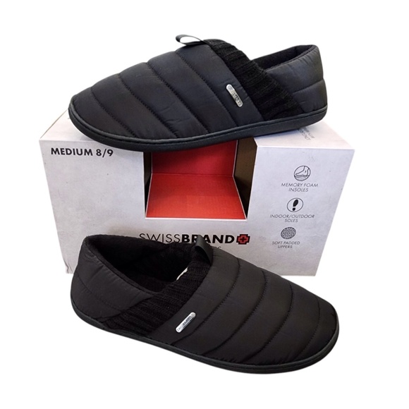 SWISS BRAND New Men's Slippers Indoor Outdoor Black Med 8/9 Memory Foam Insoles - Picture 1 of 14